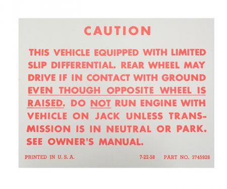 Full Size Chevy Positraction Warning Decal, 1964-1972