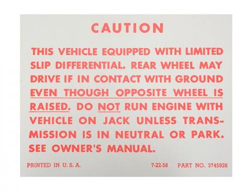 Full Size Chevy Positraction Warning Decal, 1964-1972