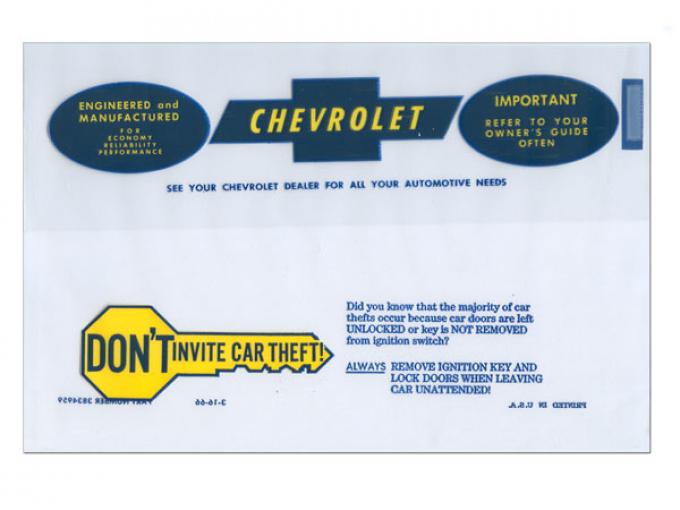 Full Size Chevy Owner's Manual Pouch, Plastic, 1967-1968