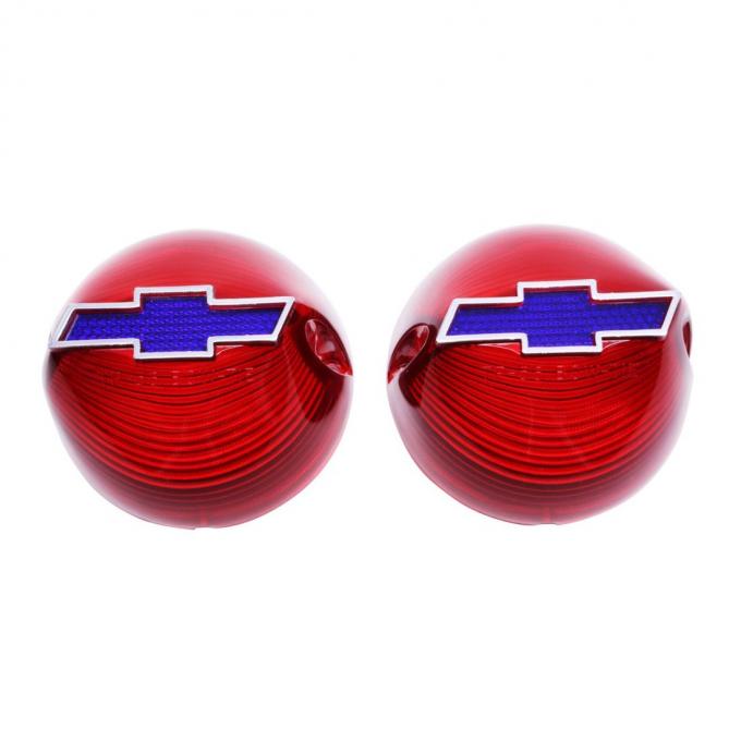 Trim Parts 1956 Chevy Full Size Cars Red Tail Light Lens W/Blue Bowtie & Chrome Trim, Pair A1380B