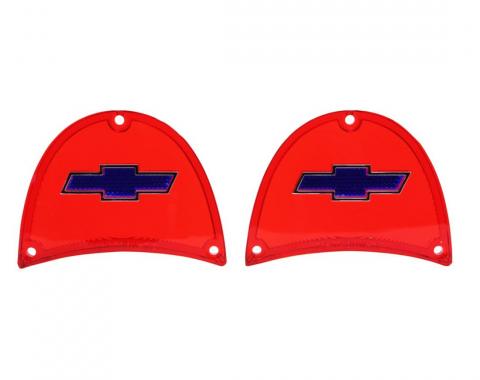 Trim Parts 1957 Chevy Full Size Car Red Tail Light Lens W/Blue Bowtie & Chrome Trim, Pair A1480B