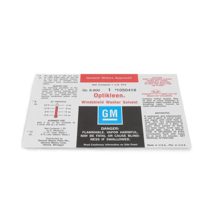 KNS Accessories 1959-1968 Chevrolet / Cadillac / Buick / Pontiac / Oldsmobile Windshield Washer Optikleen Glass Bottle Label KC9962