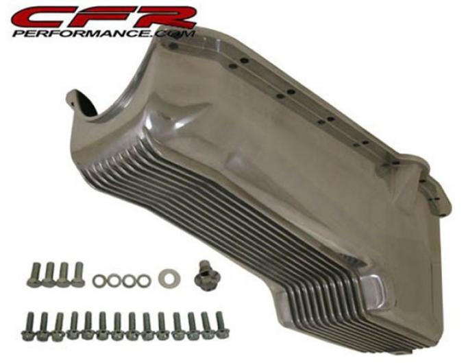 Chevy V8 Small Block Aluminum Stock Capacity Oil Pan, Driver Dipstick, Retro Finned