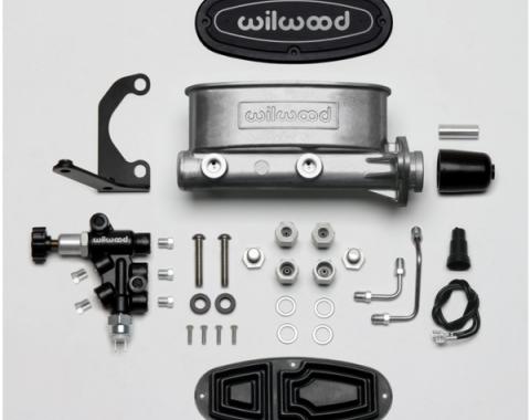 Chevy Wilwood Master Cylinder Kit, Bare Aluminum Tandem, with Bracket & Valve, 1.0" Bore 1955-1957