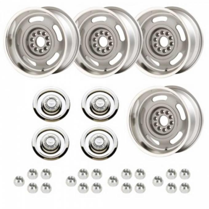 Late Great Chevy - Rally Wheel Kit, 1-Piece Cast Aluminum With  Flat Disc Brake Style Center Caps, Staggered 17x8 And 17x9