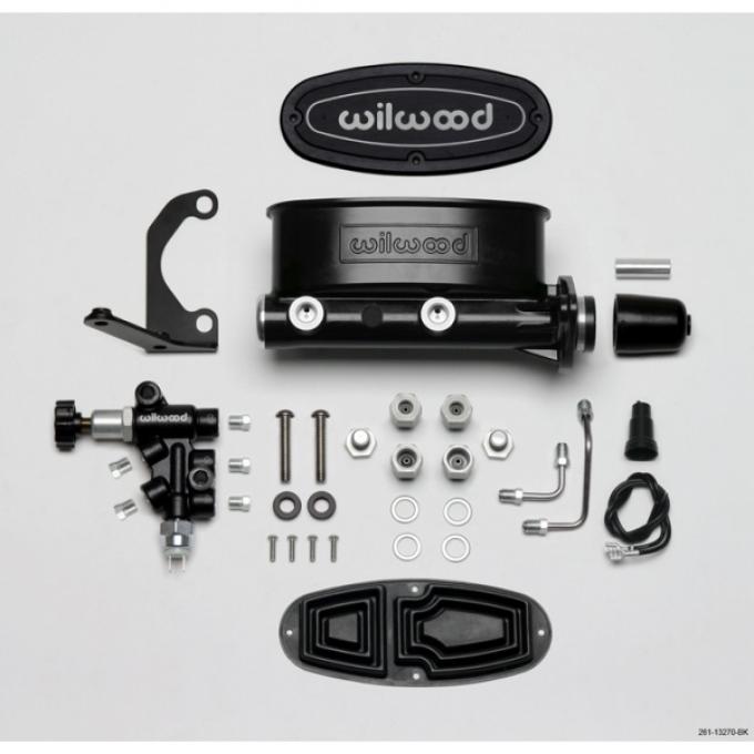 Chevy Wilwood Master Cylinder Kit, Tandem, Black Electrocoated Aluminum, with Bracket & Valve, 1 1/8" Bore 1955-1957