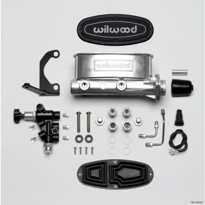 Chevy Wilwood Master Cylinder Kit, Tandem, Ball Burnished Aluminum, with Bracket & Valve, 1 1/8" Bore 1955-1957