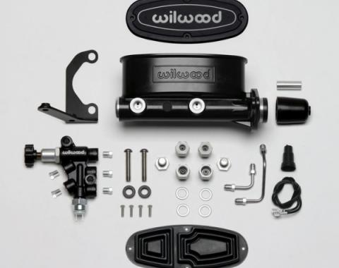Chevy Wilwood Master Cylinder Kit, Tandem, Black Electrocoated Aluminum, with Bracket & Valve, 1 1/8" Bore 1955-1957