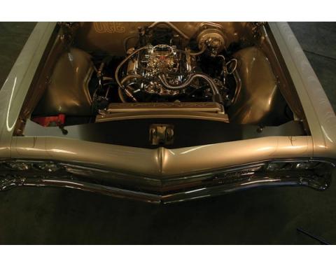 Full Size Chevy Radiator Core Support Filler Panels, Black Anodized, With Logo, Impala, 1965-1966