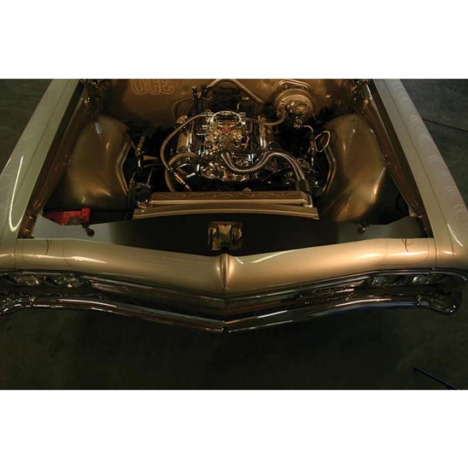 Full Size Chevy Radiator Core Support Filler Panels, Black Anodized, With Logo, Impala, 1965-1966