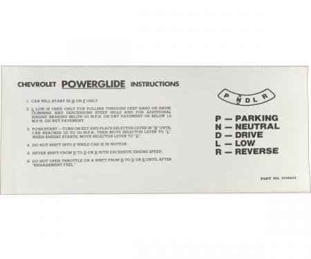 55-57 Sunvisor Instruction Sleeve Powerglide Transmission