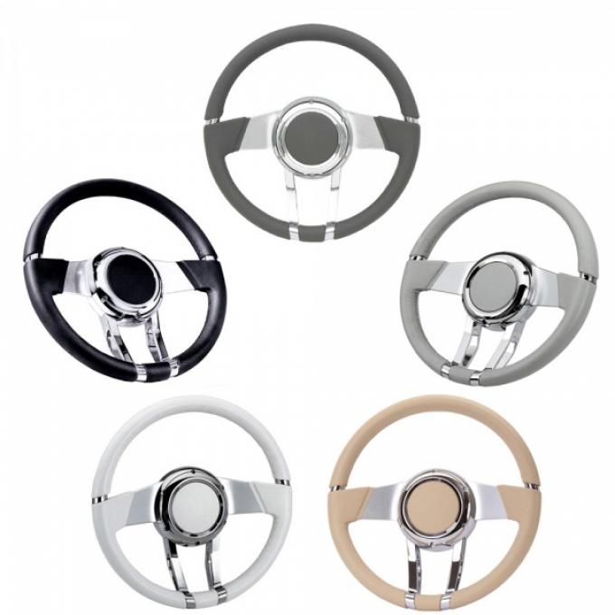 Chevy WaterFall Steering Wheel, Italian Leather & Billet Aluminum, Flaming River 1949-1954