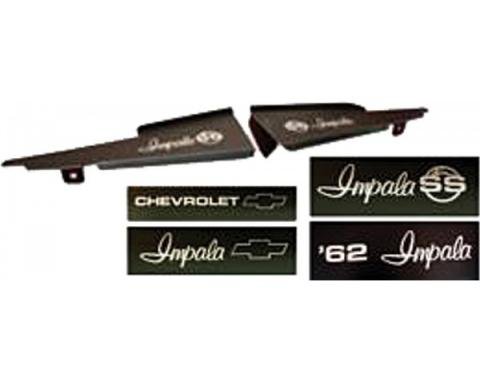 Full Size Chevy Core Support Filler Panels, Black Anodized,With Logo/Design, 1962
