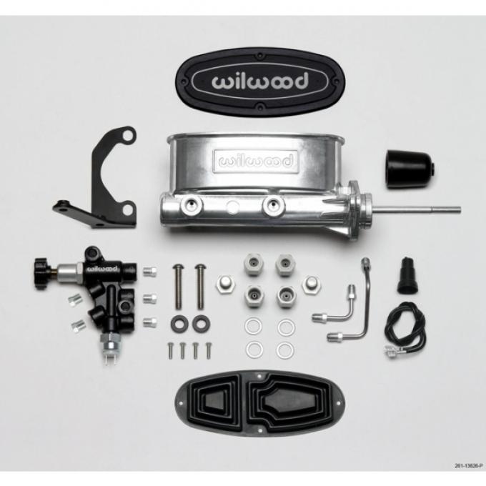 Chevy Wilwood Master Cylinder Kit, Tandem, Ball Burnished Aluminum, with Bracket & Valve, 7/8" Bore 1955-1957