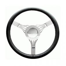 Chevy Banjo Steering Wheel With Horn Button - Black Leather, Flaming River, 1955-1957