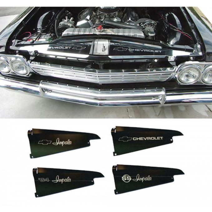 Full Size Chevy Core Support Filler Panels, Black Anodized,With Logo/Design, 1964