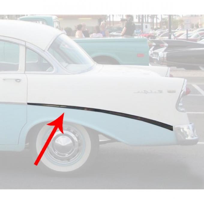 Chevy Rear Quarter Panel Molding, Bel Air, Left, For 4-Door Sedan & Wagon, Show Quality, 1956