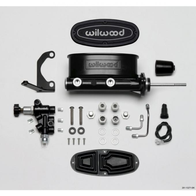 Chevy Wilwood Master Cylinder Kit, Tandem, Black Electrocoated Aluminum, with Bracket & Valve, 7/8" Bore 1955-1957