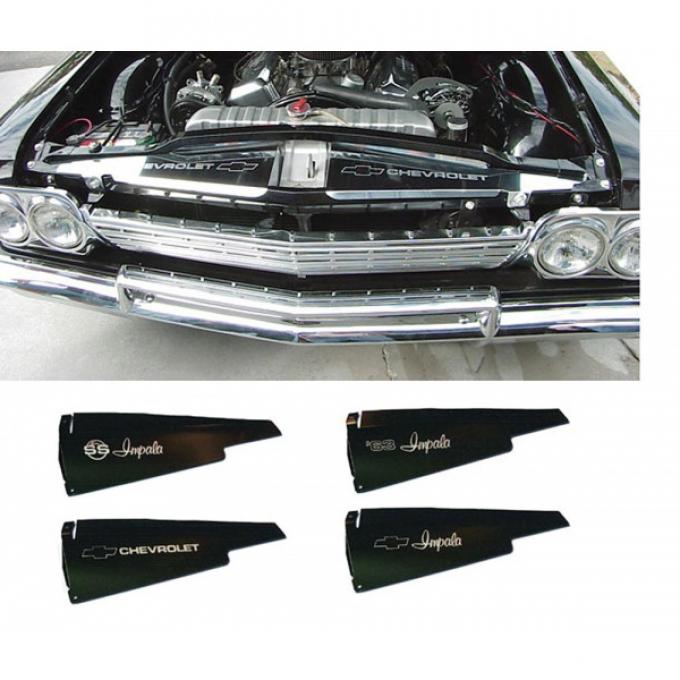 Full Size Chevy Core Support Filler Panels, Clear Anodized (Silver Satin), With Logo/Design, 1963