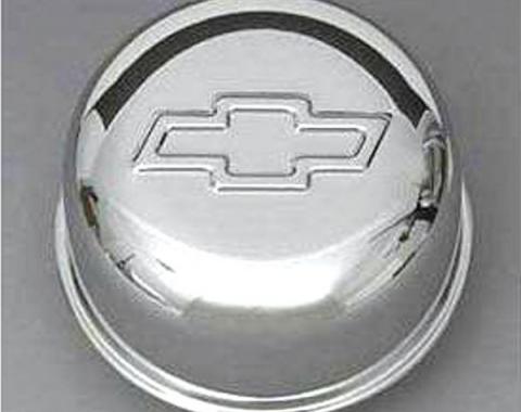 Full Size Chevy Intake Oil Fill Tube Breather Cap, Chrome Push-In, With Bowtie Logo, 1958-1972