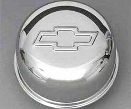 Full Size Chevy Intake Oil Fill Tube Breather Cap, Chrome Push-In, With Bowtie Logo, 1958-1972