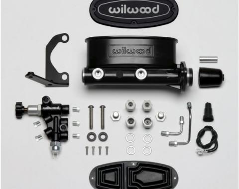 Chevy Wilwood Master Cylinder Kit, Tandem, Black Electrocoated Aluminum, with Bracket & Valve, 1.00" Bore 1955-1957
