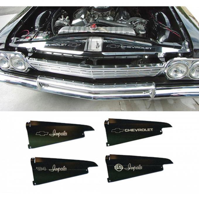 Full Size Chevy Core Support Filler Panels, Polished, With Logo/Design, 1964