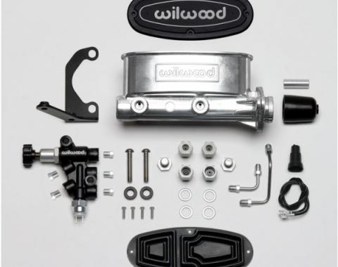 Chevy Wilwood Master Cylinder Kit, Tandem, Ball Burnished Aluminum, with Bracket & Valve, 1.00" Bore 1955-1957
