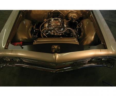 Full Size Chevy Radiator Core Support Filler Panels, Black Anodized, With Logo, Impala, 1965-1966