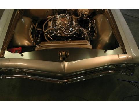 Full Size Chevy Radiator Core Support Filler Panels, Clear Anodized, With Logo, Impala, 1965-1966