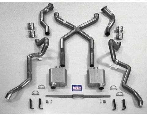 Chevy SCR "X" Quickflow Performance Dual 2-1/2" Exhaust System, With Corner Exit Tailpipes, For Use With 3/4 Length Shorty Headers, Small Block Aluminized, 1955-1957
