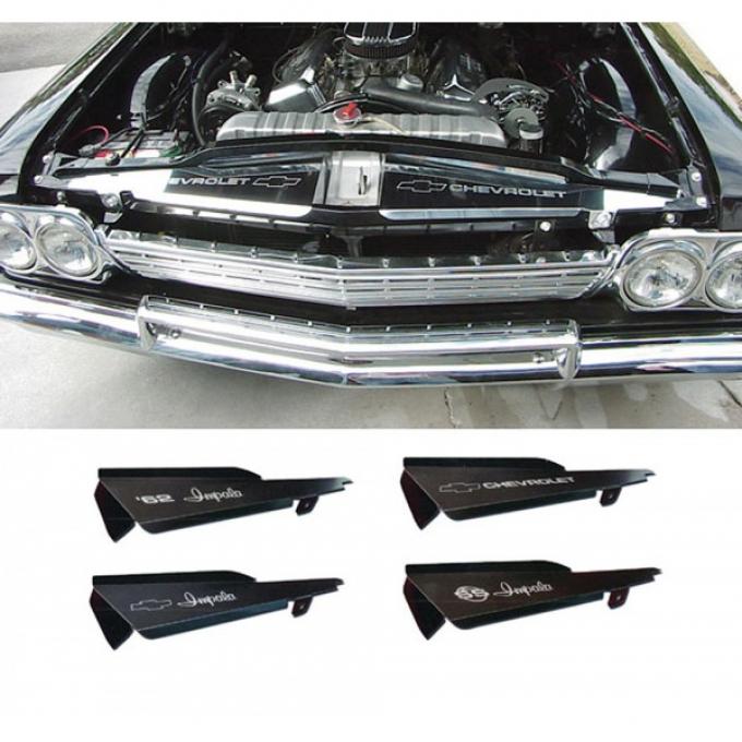 Full Size Chevy Core Support Filler Panels, Polished, With Logo/Design, 1962