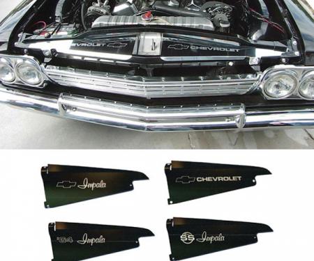 Full Size Chevy Core Support Filler Panels, Polished, With Logo/Design, 1964