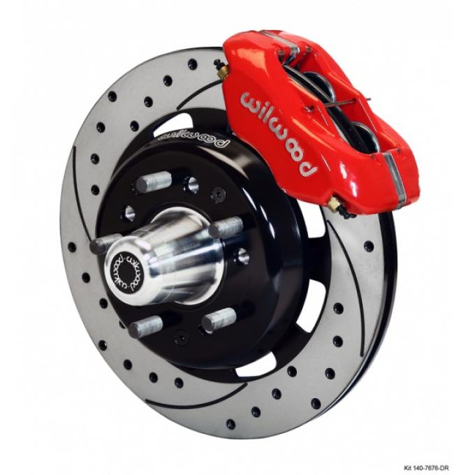Chevy Wilwood Big Brake Front Disc Brake Kit, Red Powder Coat 4-Piston Caliper, SRP Drilled & Slotted Rotor,12.19", Forged Dynalite Pro Series 1955-1957