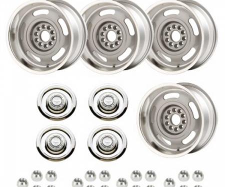 Classic Chevy - Rally Wheel Kit, 1-Piece Cast Aluminum With  Flat Disc Brake Style Center Caps,  17x9