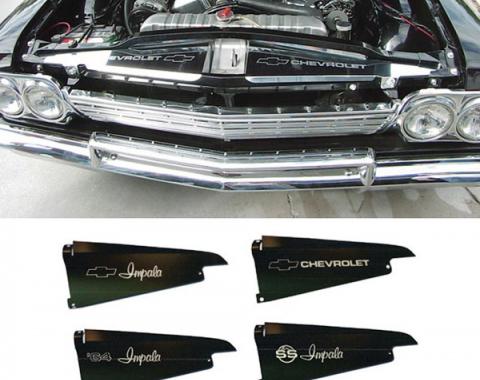 Full Size Chevy Core Support Filler Panels, Black Anodized,With Logo/Design, 1964