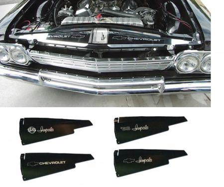 Full Size Chevy Core Support Filler Panels, Clear Anodized (Silver Satin), With Logo/Design, 1963