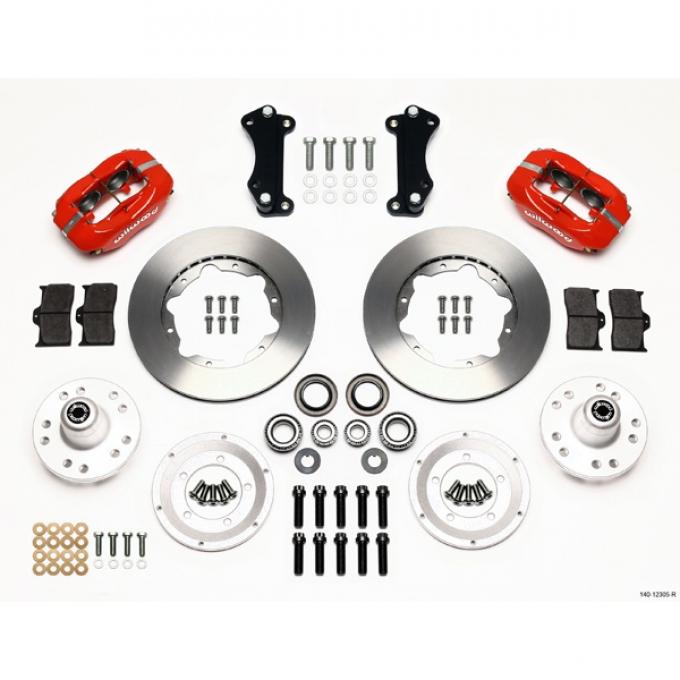 Chevy Wilwood  Front Disc Brake Kit, Drop Spindle, Red Powder Coat Caliper, Plain Face Rotor,11.00", Forged Dynalite Pro Series 55-57