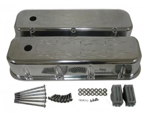 Chevy Big Block Valve Covers, Flamed Polished Aluminum, 1965-1995