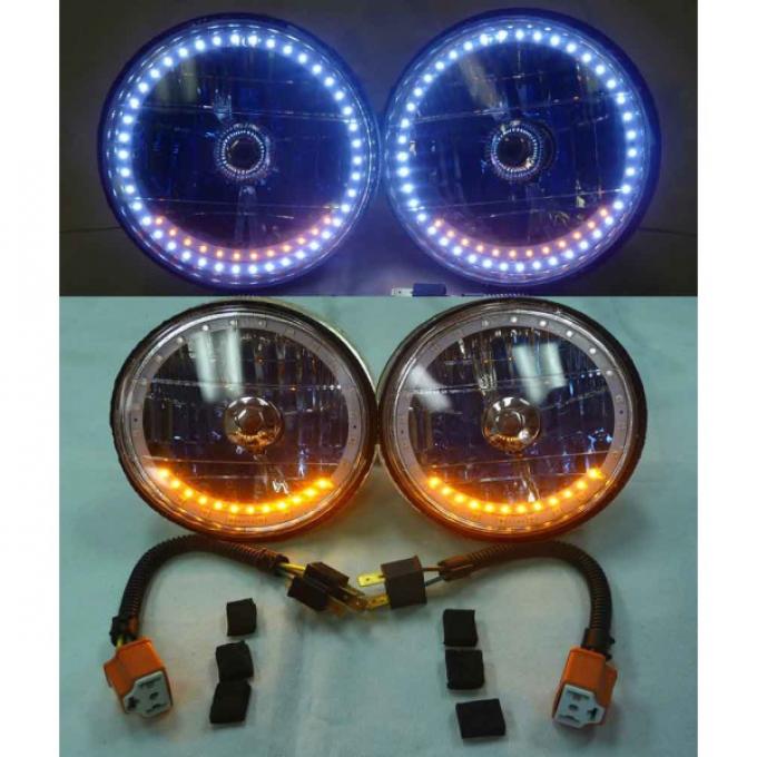 Chevy Headlight, 7 Inch Round White Diamond With Single Color White LED Halo And Turn Signals, 1949-1954