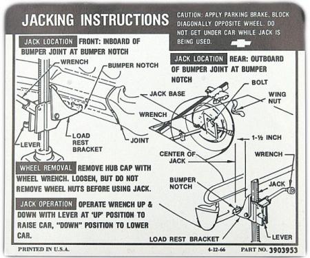 Full Size Chevy Jack Stowage & Jacking Instructions Sheet, Hardtop & Sedan, 1967