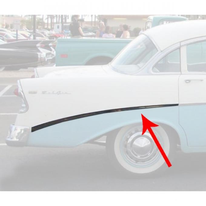 Chevy Rear Quarter Panel Molding, Bel Air, Right, For 4-Door Sedan & Wagon, Show Quality, 1956