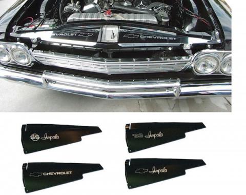 Full Size Chevy Core Support Filler Panels, Black, With Logo/Design, 1963