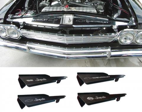 Full Size Chevy Core Support Filler Panels, Clear Anodized (Silver Satin), With Logo/Design, 1962