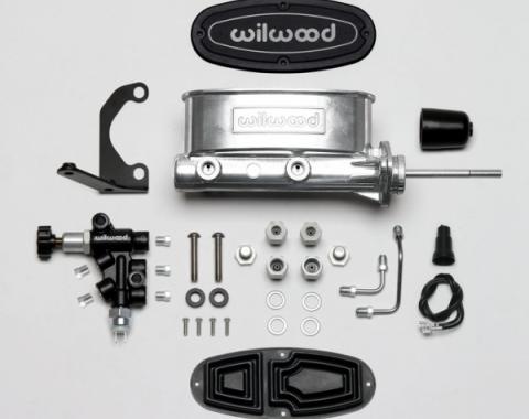 Chevy Wilwood Master Cylinder Kit, Tandem, Ball Burnished Aluminum, with Bracket & Valve, 7/8" Bore 1955-1957