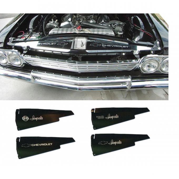 Full Size Chevy Core Support Filler Panels, Polished, With Logo/Design, 1963