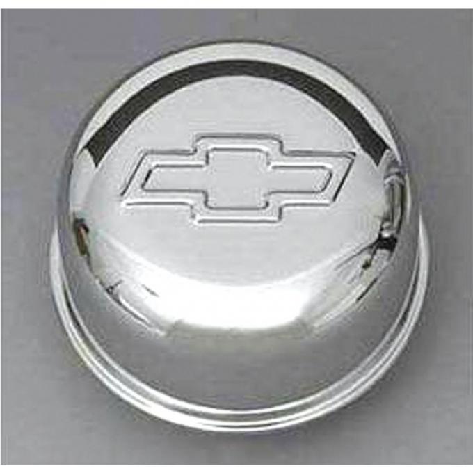 Full Size Chevy Intake Oil Fill Tube Breather Cap, Chrome Push-In, With Bowtie Logo, 1958-1972