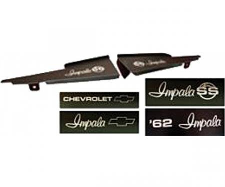 Full Size Chevy Core Support Filler Panels, Black Anodized,With Logo/Design, 1962