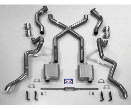 Chevy SCR "X" Quickflow Performance Dual 2-1/2" Exhaust System, With Corner Exit Tailpipes, For Use With 3/4 Length Shorty Headers, Small Block Aluminized, 1955-1957