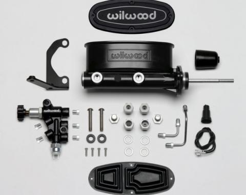 Chevy Wilwood Master Cylinder Kit, Tandem, Black Electrocoated Aluminum, with Bracket & Valve, 15/16" Bore 1955-1957